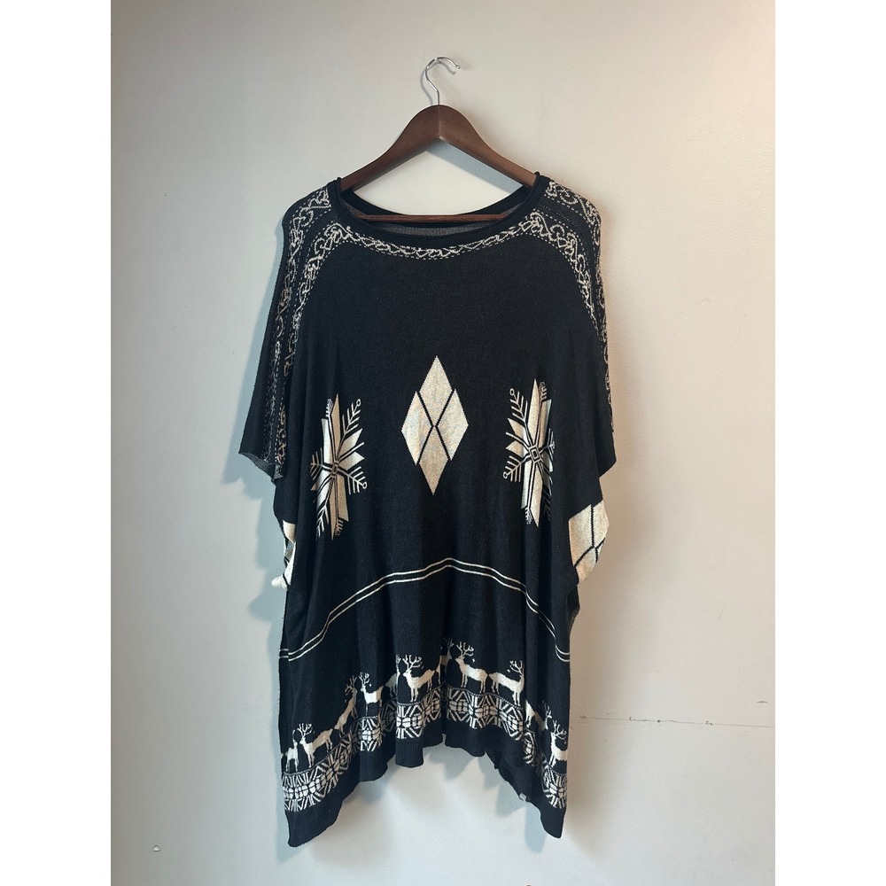 Do Everything In Love Black Reindeer Fair Isle Nordic Knit Poncho One Size